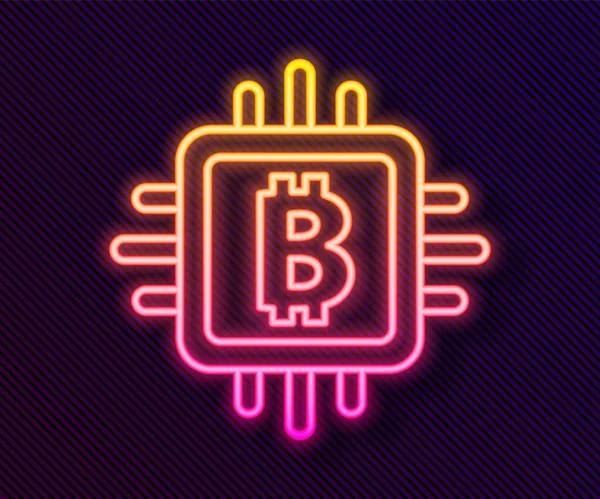 Leuchtende Neon Line CPU Mining Farm Ikone isoliert auf schwarzem Hintergrund. Bitcoin-Zeichen im Prozessor. Kryptowährungsbergbau. Digitales Geld. Vektor — Stockvektor