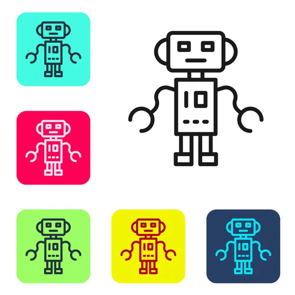 Black line Roboter Spielzeug Symbol isoliert auf weißem Hintergrund. Setzen Sie Symbole in farbigen quadratischen Tasten. Vektor — Stockvektor