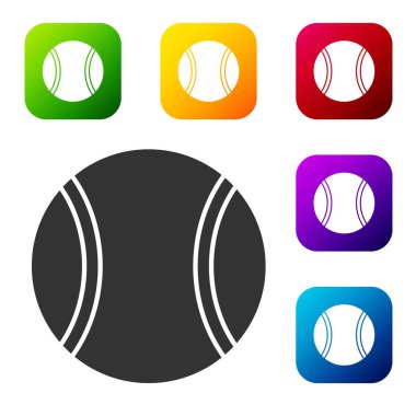 Beyaz arkaplanda siyah tenis topu simgesi izole edildi. Spor malzemeleri. Renkli kare düğmelerle simgeleri ayarla. Vektör İllüstrasyonu.