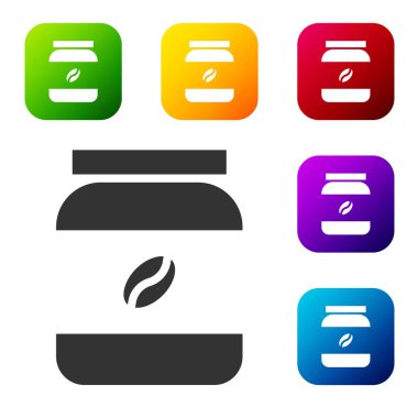 Siyah kahve kavanozu ikonu beyaz arka planda izole edilmiş. Renkli kare düğmelerle simgeleri ayarla. Vektör İllüstrasyonu.