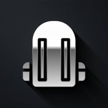 Gümüş Okul sırt çantası simgesi siyah arkaplanda izole edildi. Uzun gölge tarzı. Vektör İllüstrasyonu.