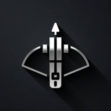 Siyah zemin üzerinde ok simgesi olan Gümüş Savaş yaylı tüfeği. Uzun gölge tarzı. Vektör.