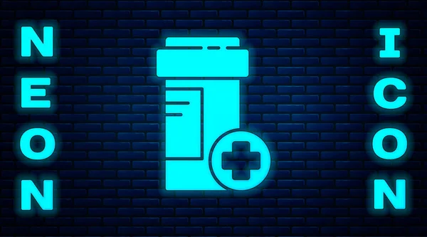 Gloeiende Neon Medicine Fles Pictogram Geïsoleerd Baksteen Muur Achtergrond Flessenpil — Stockvector