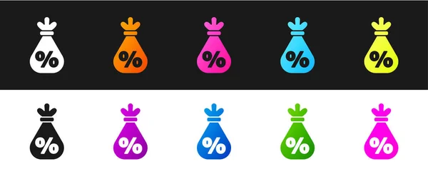 Definir Saco Dinheiro Com Ícone Percentual Isolado Fundo Preto Branco — Vetor de Stock