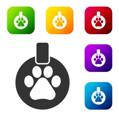 Beyaz arkaplanda isim etiketi simgesi olan siyah yakalı. Evcil hayvan malzemeleri. Köpek ya da kedi pençesi izi. Kedi köpek bakımı. Evcil hayvan zincirleri. Renkli kare düğmelerle simgeleri ayarla. Vektör.