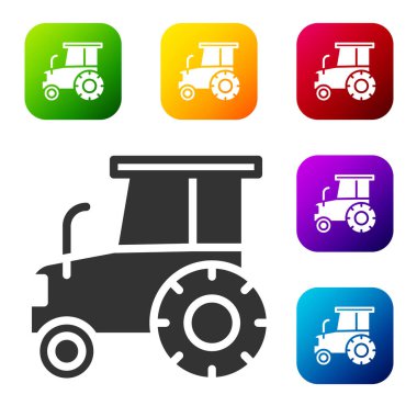 Beyaz arkaplanda siyah traktör simgesi izole edildi. Renkli kare düğmelerle simgeleri ayarla. Vektör.