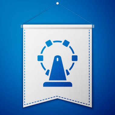 Mavi dönme dolap simgesi mavi arkaplanda izole edildi. Eğlence parkı. Çocuklar için eğlence parkı, eğlence parkı. Beyaz flama şablonu. Vektör.