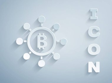 Kağıt kesiği engelleme teknolojisi Bitcoin simgesi gri arka planda izole edildi. Soyut geometrik blok zincir ağ teknolojisi işi. Kağıt sanatı tarzı. Vektör.
