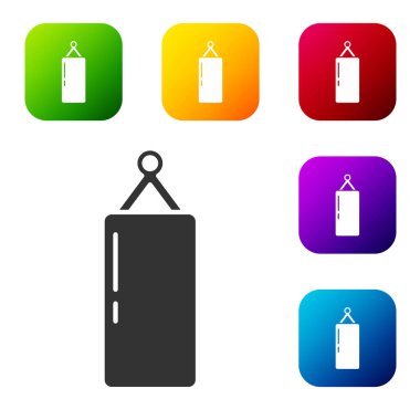 Siyah Kum Torbası simgesi beyaz arkaplanda izole edildi. Renkli kare düğmelerle simgeleri ayarla. Vektör.