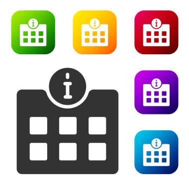 Siyah Bilgi simgesi beyaz arkaplanda izole edildi. Renkli kare düğmelerle simgeleri ayarla. Vektör.