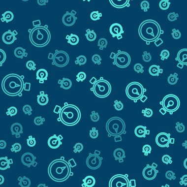 Yeşil çizgi Stopwatch simgesi mavi arkaplandaki kusursuz deseni izole etti. Zaman göstergesi. Kronometre işareti. Vektör İllüstrasyonu.