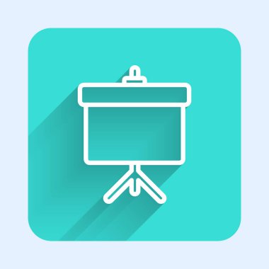 Grafik, çizelge, grafik, grafik, diyagram, bilgi grafiği, uzun gölgeli turta grafik simgesi içeren beyaz çizgi sunum tahtası. Yeşil kare düğmesi. Vektör İllüstrasyonu.