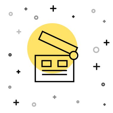 Siyah çizgi film alkışlayıcı simgesi beyaz arkaplanda izole edildi. Film alkışlama tahtası. Alkış tahtası işareti. Sinema yapımı ya da medya endüstrisi. Rastgele dinamik şekiller. Vektör İllüstrasyonu.