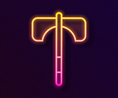 Parlayan neon hattı Ortaçağ balta simgesi siyah arka planda izole edildi. Savaş baltası, cellat baltası. Ortaçağ silahı. Vektör.