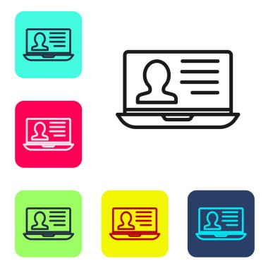 Özgeçmiş simgesi beyaz arkaplanda izole edilmiş siyah çizgi dizüstü bilgisayarı. Özgeçmiş başvurusu. Profesyonel personel aranıyor. Personel analizi devam ediyor. Renkli kare düğmelerle simgeleri ayarla. Vektör.