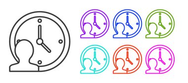 Siyah çizgi Zaman Yönetimi simgesi beyaz arkaplanda izole edildi. Saat ve vites tabelası. Üretkenlik sembolü. Simgeleri renklendirin. Vektör.