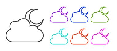 Beyaz zemin üzerinde ay simgesi olan siyah çizgi bulutu. Bulutlu gece işareti. Uyku rüyalarının sembolü. Gece ya da yatak zamanı tabelası. Simgeleri renklendirin. Vektör.