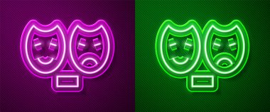 Parlak neon çizgisi komedi ve trajedi teatral maske ikonu mor ve yeşil arka planda izole edildi. Vektör.