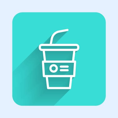 Saman ve uzun gölgeli izole su ikonu içen beyaz çizgi kağıt bardak. Soda bardağı. Taze soğuk içecek sembolü. Yeşil kare düğmesi. Vektör.