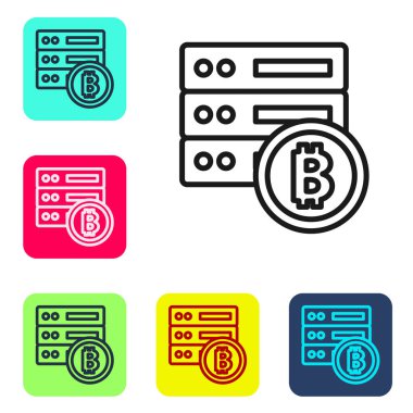 Siyah çizgi sunucusu bitcoin simgesi beyaz arkaplanda izole edildi. Renkli kare düğmelerle simgeleri ayarla. Vektör.