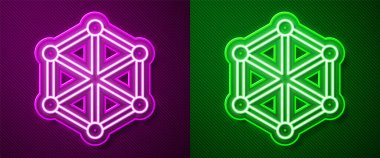 Parlayan neon hattı Blockchain teknolojisi simgesi mor ve yeşil arkaplanda izole edildi. Kripto para birimi verileri. Soyut geometrik blok zincir ağ teknolojisi işi. Vektör.