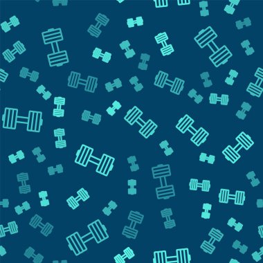 Yeşil çizgi Dumbbell simgesi mavi arka planda kusursuz desen izole etti. Kas kaldırma ikonu, fitness halteri, spor aletleri, egzersiz yaban domuzu. Vektör.