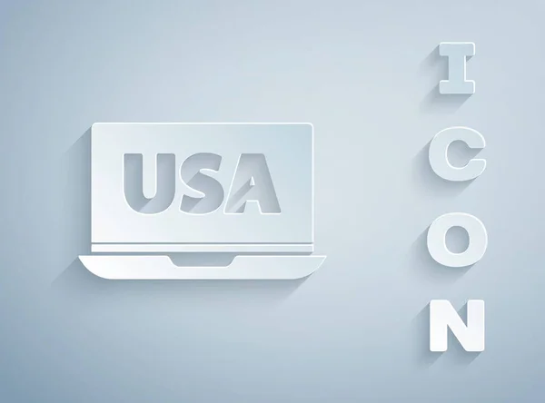Папір Вирізав Сполучені Штати Америки Іконі Ноутбука Ізольованому Сірому Фоні — стоковий вектор