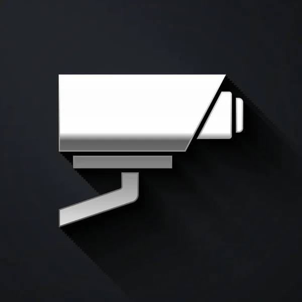 Silbernes Symbol Der Überwachungskamera Isoliert Auf Schwarzem Hintergrund Langer Schatten — Stockvektor