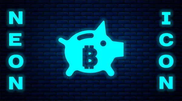 Glödande Neon Piggy Bank Bitcoin Ikon Isolerad Tegelvägg Bakgrund Ikonsparande — Stock vektor