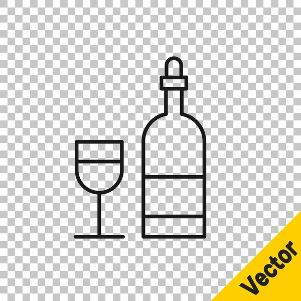 Черная Линия Бутылка Вина Стеклянной Иконкой Изолированы Прозрачном Фоне Векторная — стоковый вектор