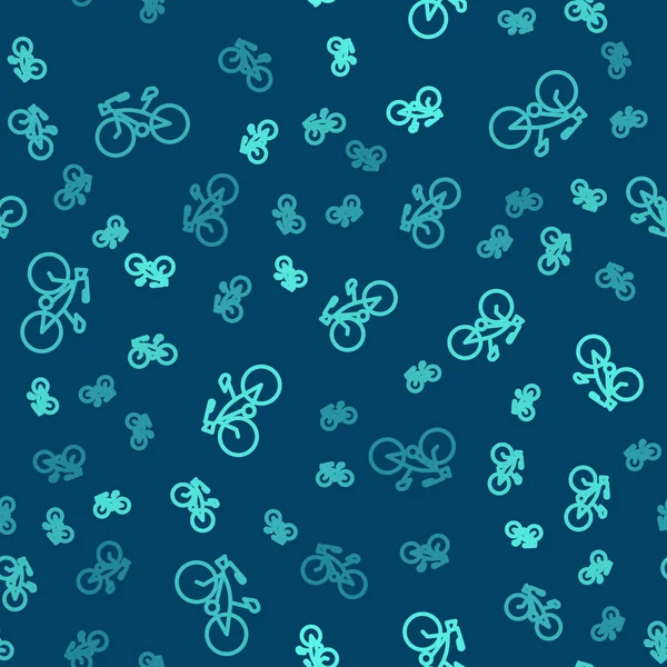 Green Line Bicycle Icon Isolated Seamless Pattern Blue Background Bike — Stock Vector