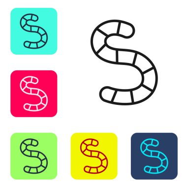 Beyaz arkaplanda siyah çizgi solucanı simgesi izole edildi. Balık oltası. Renkli kare düğmelerle simgeleri ayarla. Vektör.