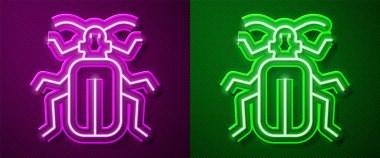 Parlayan neon çizgisi Chafer böceği simgesi mor ve yeşil arkaplanda izole edilmiş. Vektör.