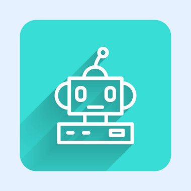 Beyaz çizgi robot oyuncak ikonu uzun gölgeli izole edilmiş. Yeşil kare düğmesi. Vektör.