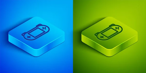 Isometrische Lijn Draagbare Video Game Console Pictogram Geïsoleerd Blauwe Groene — Stockvector