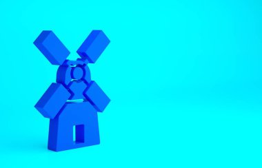 Mavi yel değirmeni simgesi mavi arkaplanda izole edildi. Minimalizm kavramı. 3d illüstrasyon 3B canlandırma.