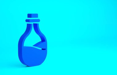 Mavi arka planda izole edilmiş eski şarap ikonu şişesi. Minimalizm kavramı. 3d illüstrasyon 3B canlandırma.