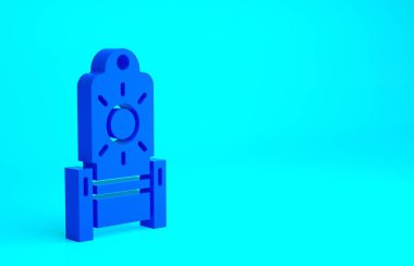 Mavi ortaçağ taht ikonu mavi arka planda izole edilmiş. Minimalizm kavramı. 3d illüstrasyon 3B canlandırma.