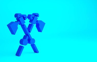 Mavi Çapraz Ortaçağ balta simgesi mavi arka planda izole edildi. Savaş baltası, cellat baltası. Ortaçağ silahı. Minimalizm kavramı. 3d illüstrasyon 3B canlandırma.