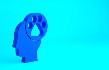 Mavi arka planda hayvanların ayak izi ikonu olan mavi insan kafası. Yüreğindeki evcil hayvan pençesi. Hayvanlara sevgiler. Minimalizm kavramı. 3d illüstrasyon 3B canlandırma.