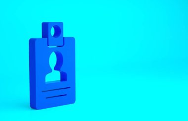 Mavi kimlik kartı ikonu mavi arkaplanda izole edildi. Sunum için, şirketin kimliği için, reklam için kullanılabilir. Minimalizm kavramı. 3d illüstrasyon 3B canlandırma.