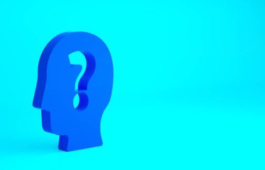 Mavi arka planda soru işareti simgesi olan mavi insan kafası. Minimalizm kavramı. 3d illüstrasyon 3B canlandırma.