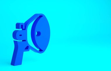 Mavi arkaplanda mavi megafon simgesi izole edildi. Sözcü işareti. Minimalizm kavramı. 3d illüstrasyon 3B canlandırma.
