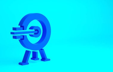 Mavi arkaplanda ok simgesi olan mavi hedef. Dart tahtası işareti. Okçuluk tahtası simgesi. Dartboard işareti. İş hedefi kavramı. Minimalizm kavramı. 3d illüstrasyon 3B canlandırma.