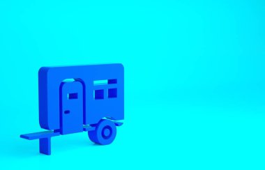 Mavi karavan kampı ikonu mavi arka planda izole edildi. Gezici ev, karavan, yolculuk için ev karavanı. Minimalizm kavramı. 3d illüstrasyon 3B canlandırma.