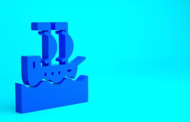 Mavi yelkenli ya da yelkenli ikonu mavi arka planda izole edilmiş. Yelkenli deniz seyahati. Minimalizm kavramı. 3d illüstrasyon 3B canlandırma.