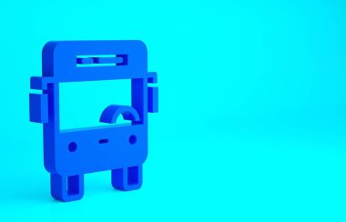 Mavi Otobüs simgesi mavi arkaplanda izole edildi. Ulaşım konsepti. Otobüs turu tabelası. Turizm ya da kamu aracı sembolü. Minimalizm kavramı. 3d illüstrasyon 3B canlandırma.