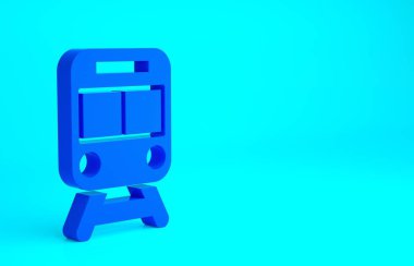 Mavi tren ve demiryolu ikonu mavi arka planda izole edildi. Toplu taşıma sembolü. Metro treni nakliyesi. Metro yeraltı. Minimalizm kavramı. 3d illüstrasyon 3B canlandırma.