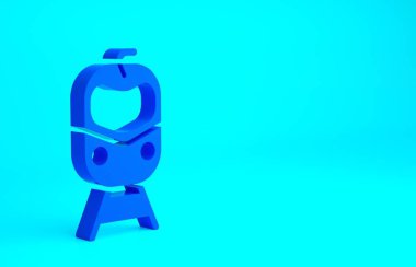 Mavi tren ve demiryolu ikonu mavi arka planda izole edildi. Toplu taşıma sembolü. Metro treni nakliyesi. Metro yeraltı. Minimalizm kavramı. 3d illüstrasyon 3B canlandırma.