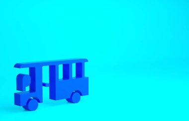 Mavi Otobüs simgesi mavi arkaplanda izole edildi. Ulaşım konsepti. Otobüs turu tabelası. Turizm ya da kamu aracı sembolü. Minimalizm kavramı. 3d illüstrasyon 3B canlandırma.